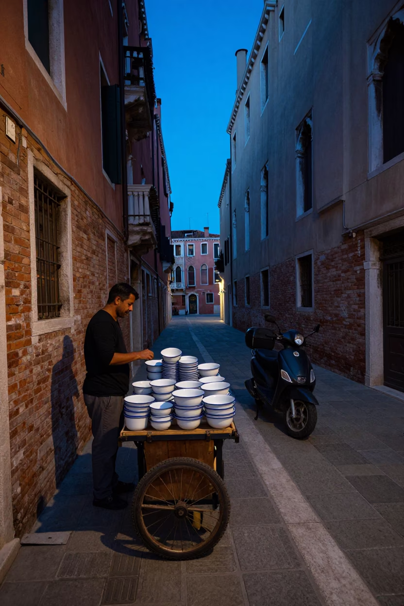 Blue Hour Venetian Street Scene with Enamel Bowls and Scooter in Italy in in Venice, Italy