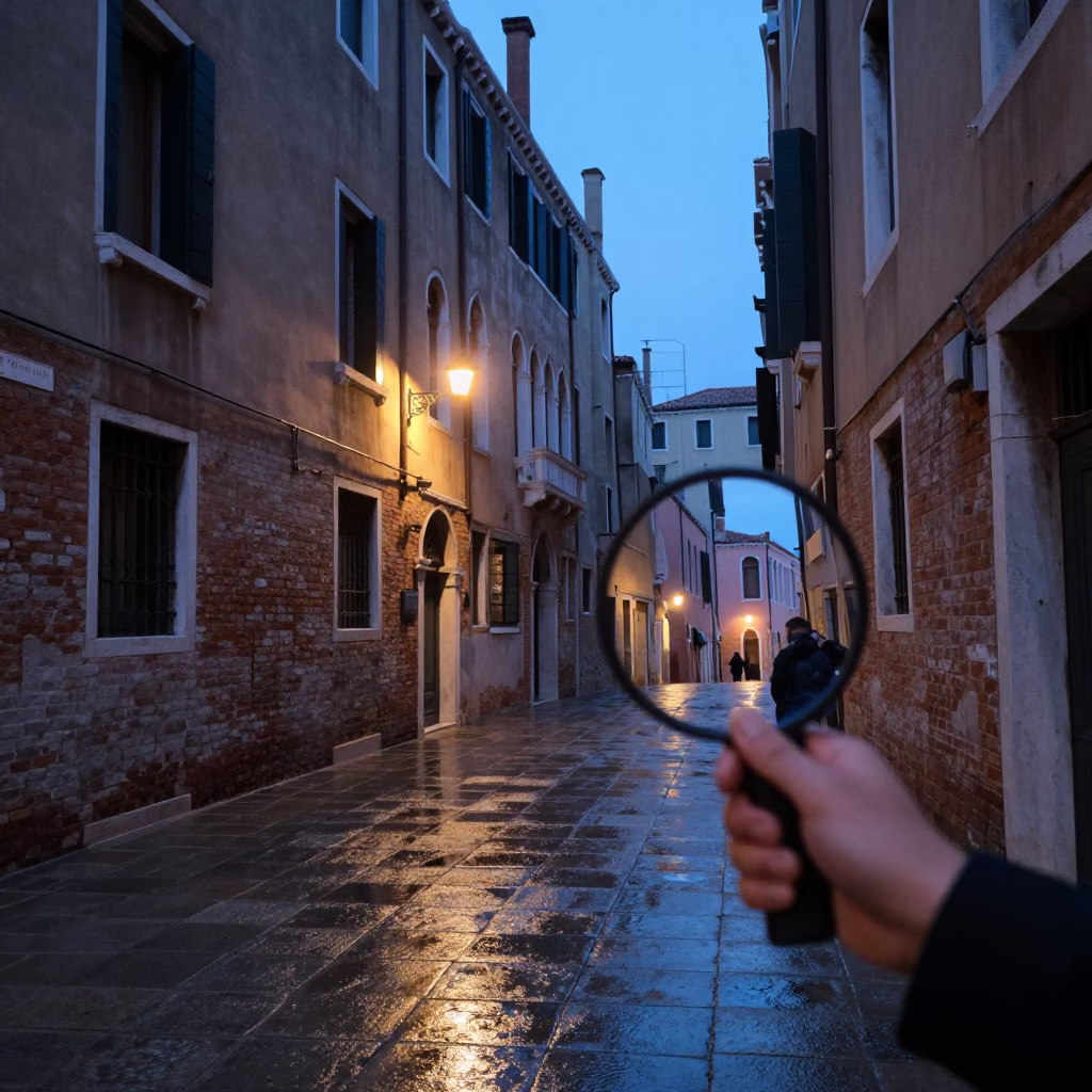 Blue Hour Venetian Street Scene with Reflections and Hand Mirror Detail in in Venice, Italy