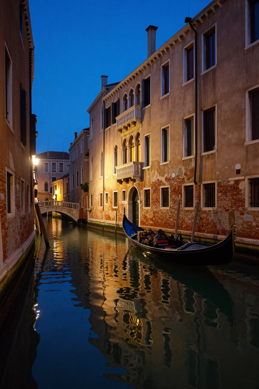 Blue Hour Venice Canal Reflections and Historic Architecture Evening Scene in in Venice, Italy