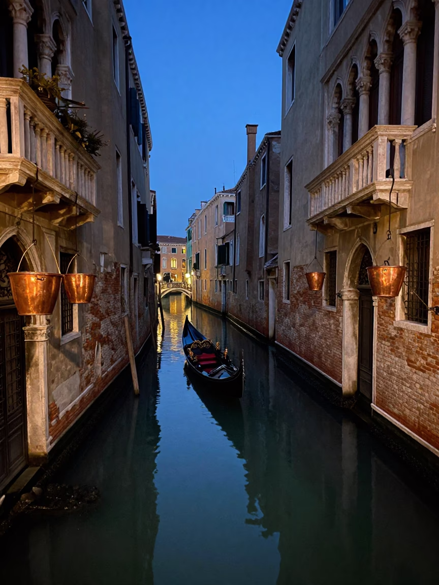 Blue Hour Venice Canal Reflections With Copper Pots in in Venice, Italy