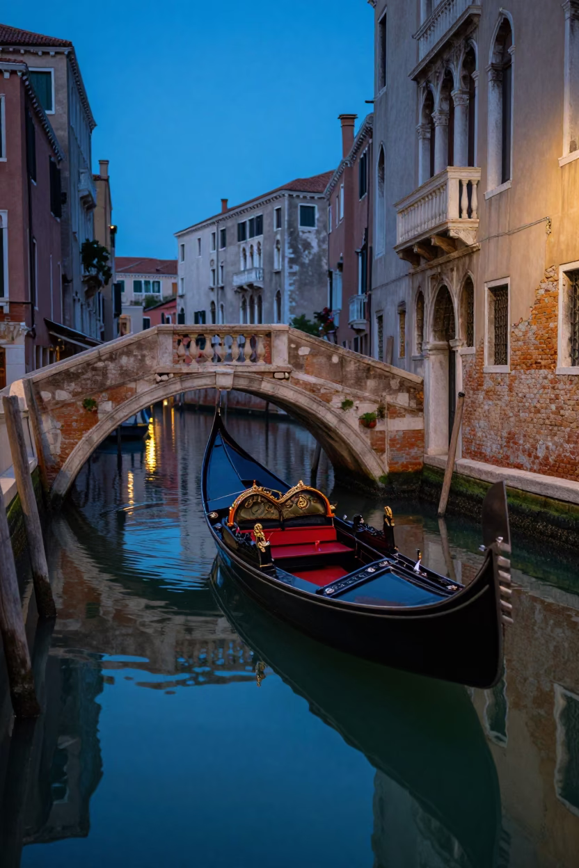 Blue Hour Venice Canal Reflections with Traditional Wooden Gondola and Historic Architecture in in Venice, Italy