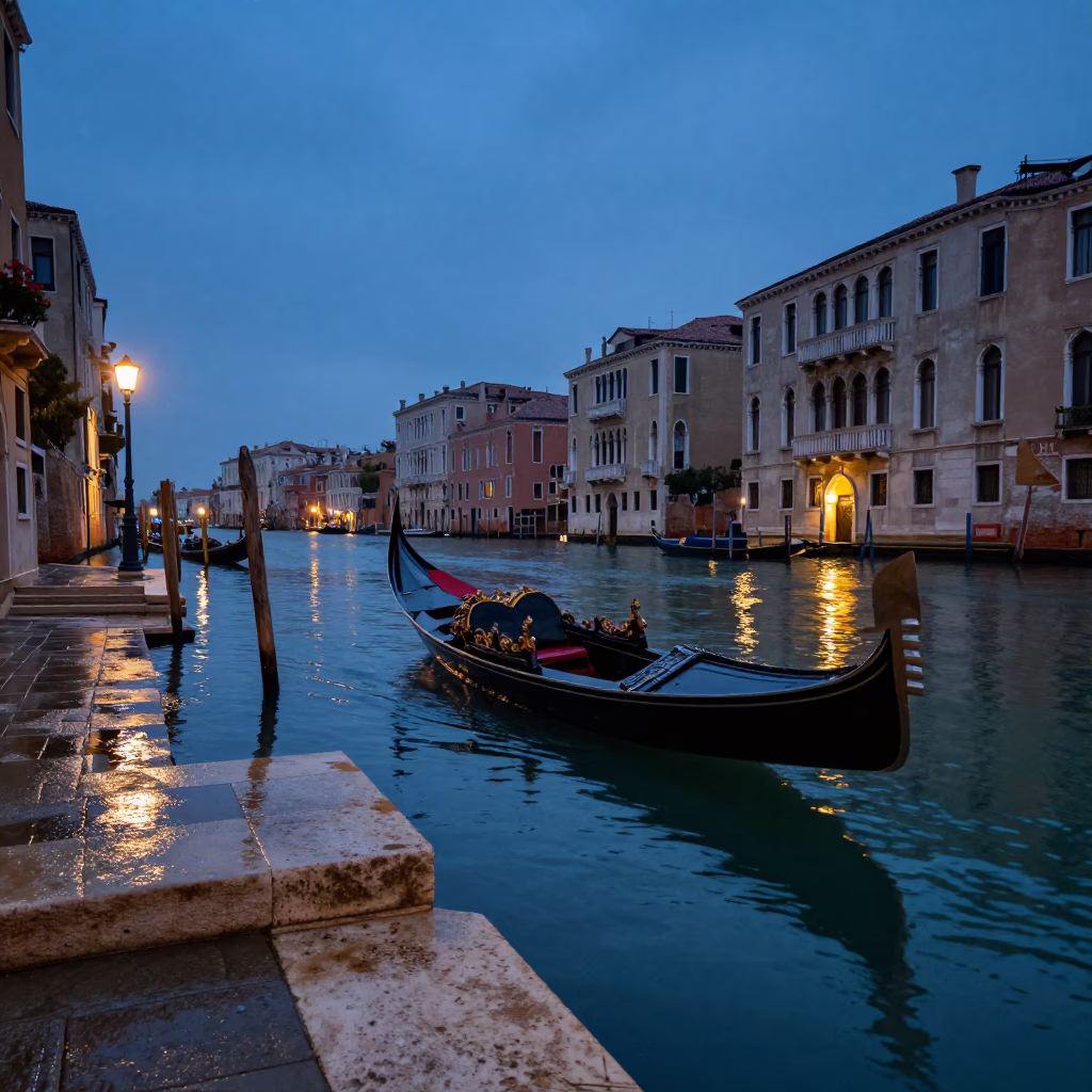 Blue Hour Venice Canal Scene with Gondola and Reflective Water in in Venice, Italy