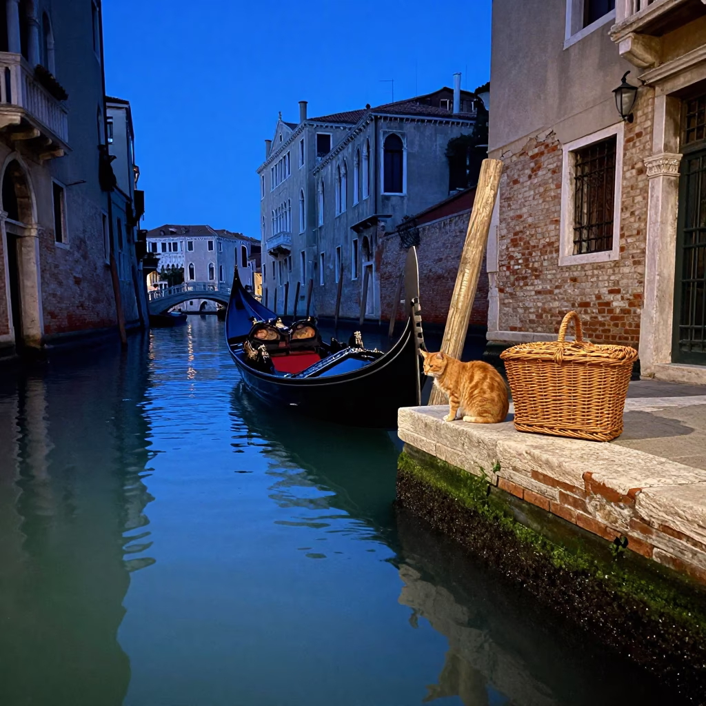 Blue Hour Venice Canal Scene With Orange Cat And Wicker Hamper in in Venice, Italy