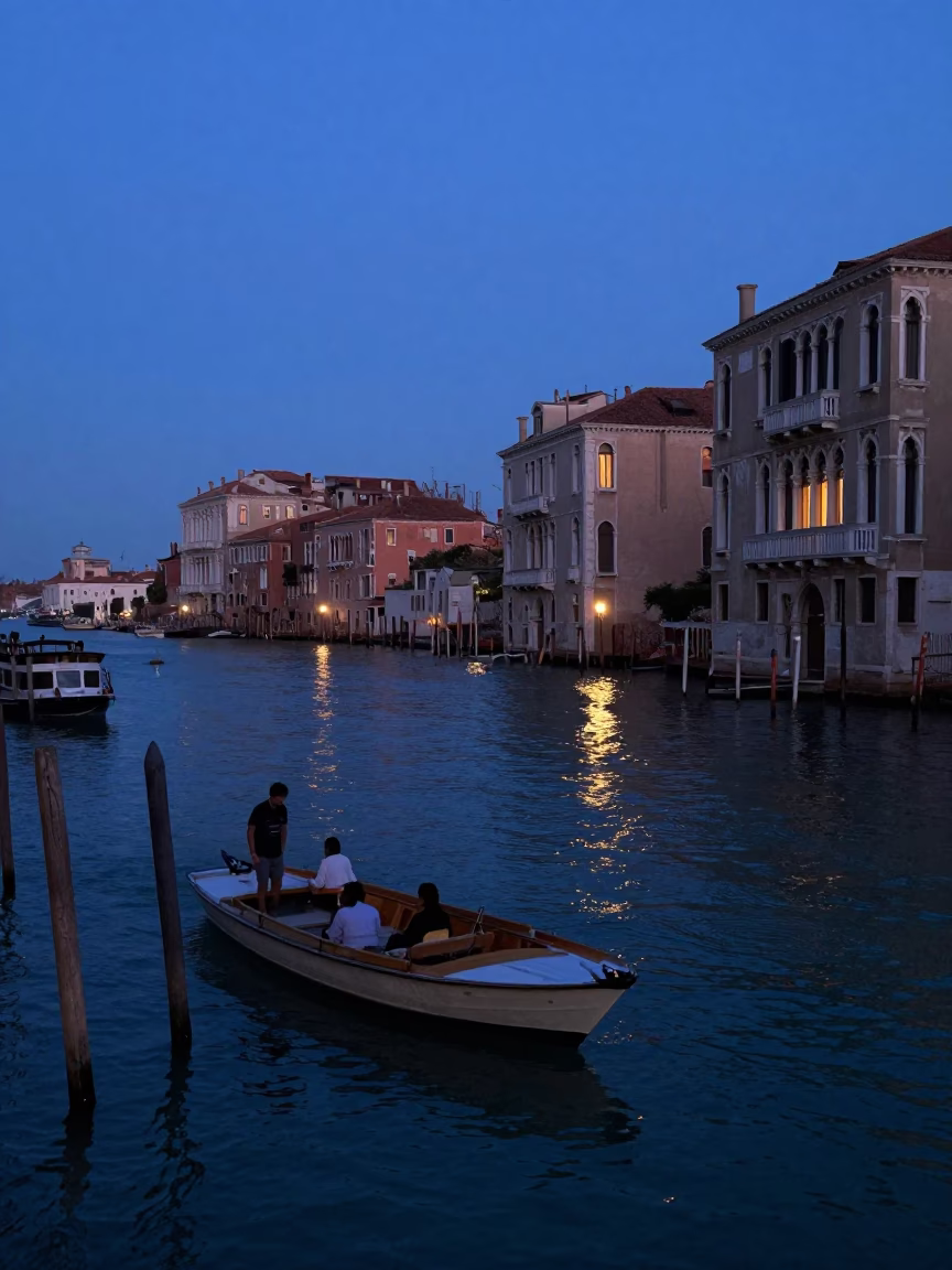 Blue Hour Venice Canal Scene with Rowboat and Local Interaction in in Venice, Italy