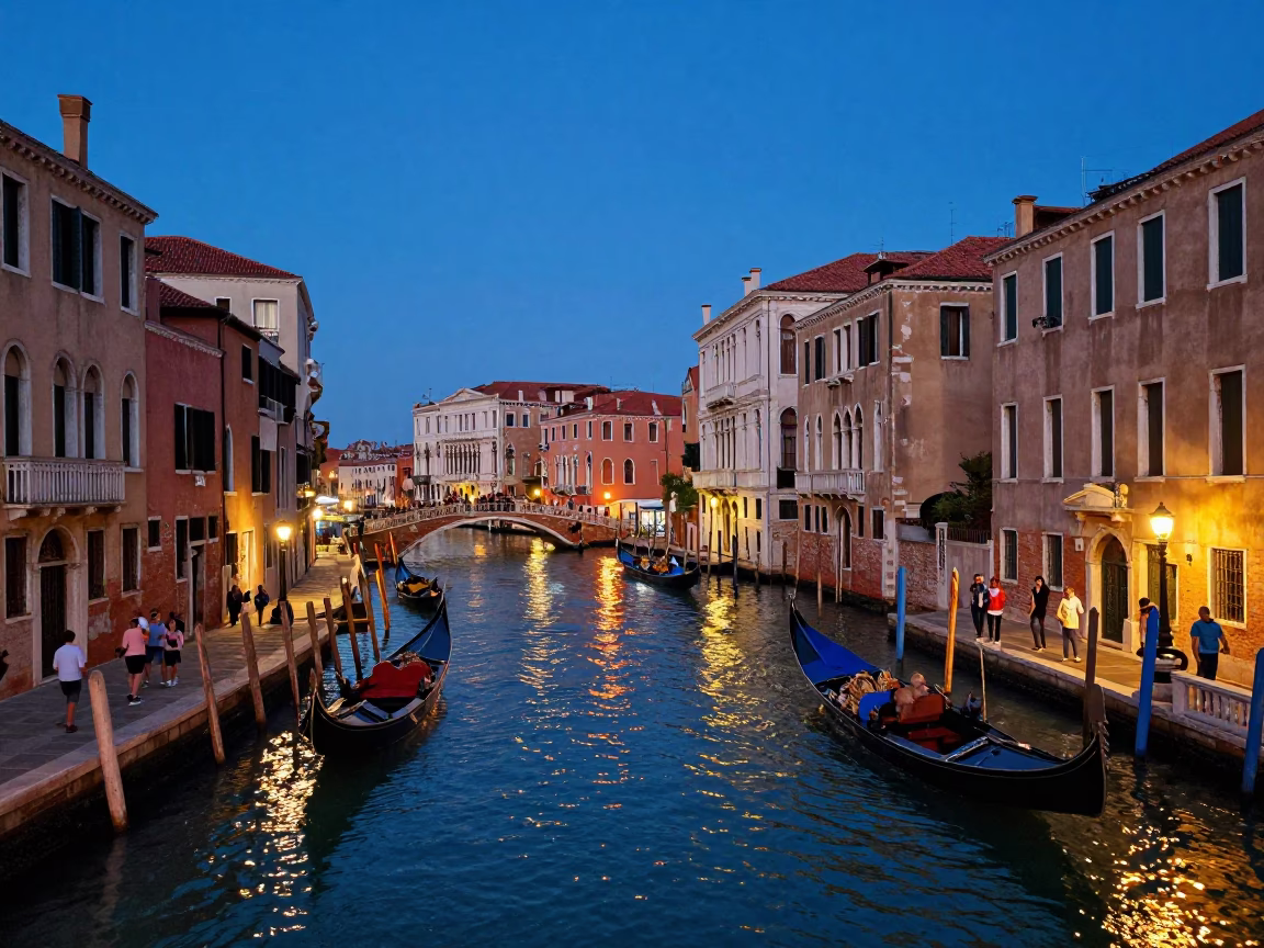 Blue Hour Venice Canals Colorful Gondolas and Busy Street Life in Italy in in Venice, Italy