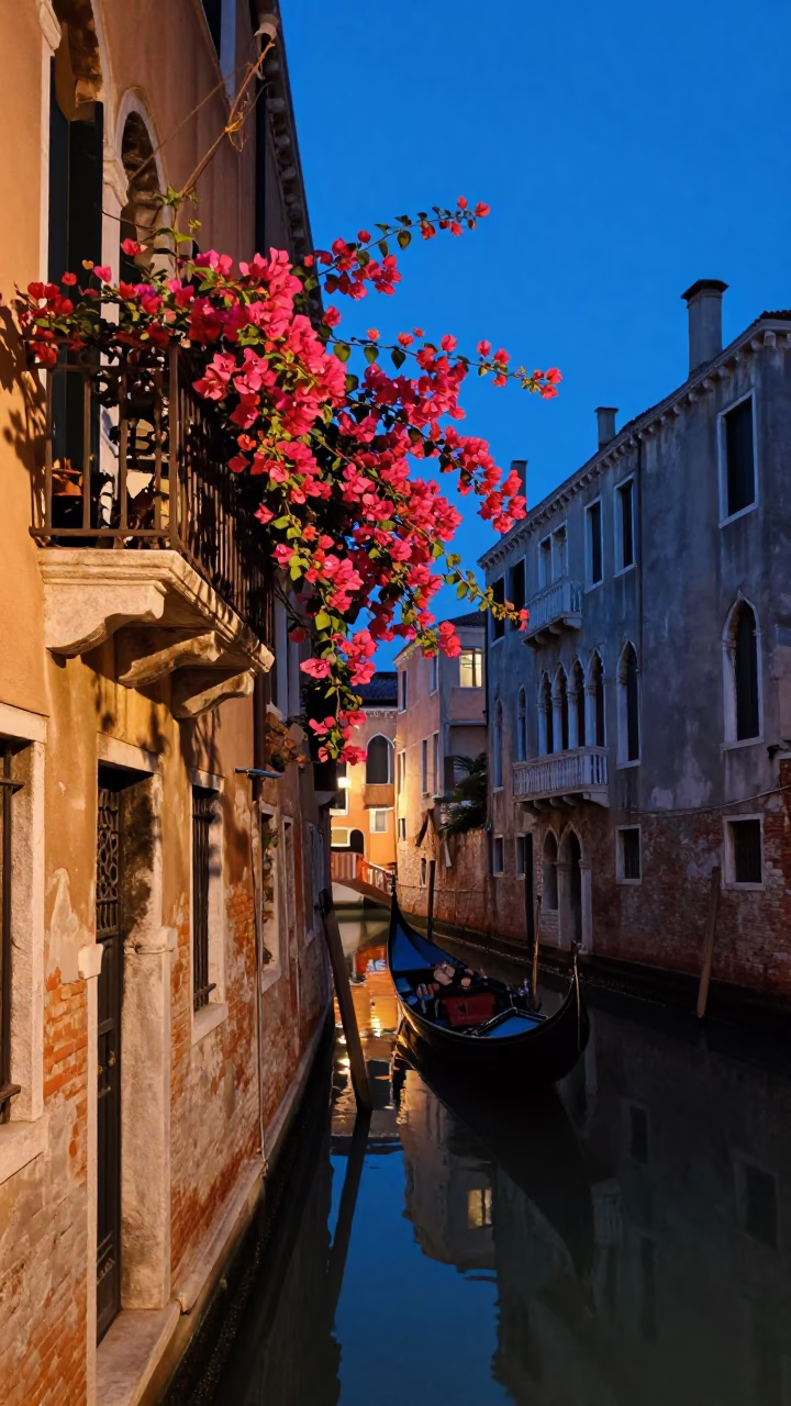 Blue Hour Venice Italy Street Scene with Bougainvillea and Gondola Reflections in in Venice, Italy