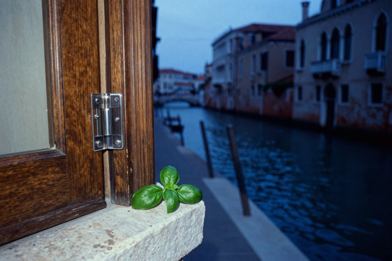 Blue Hour Venice Italy Street Scene with Clear Glass Hinge and Basil Leaves in in Venice, Italy