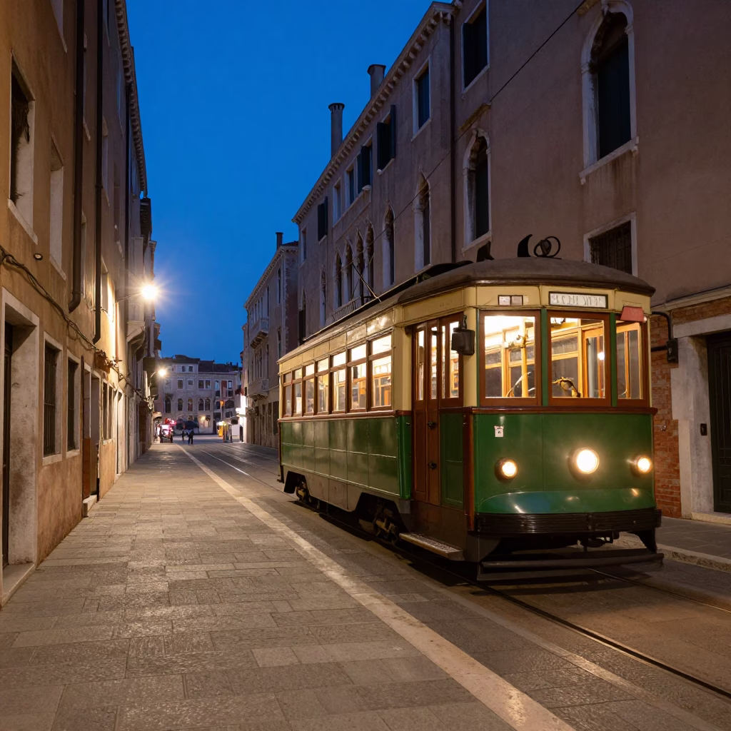 Blue Hour Venice Street Scene with Heritage Tram and Cobblestone Avenue in in Venice, Italy