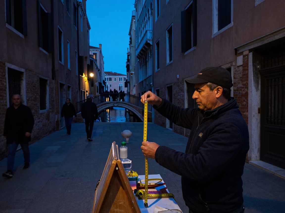 Blue Hour Venice Street Scene with Measuring Tape and Urban Details in in Venice, Italy