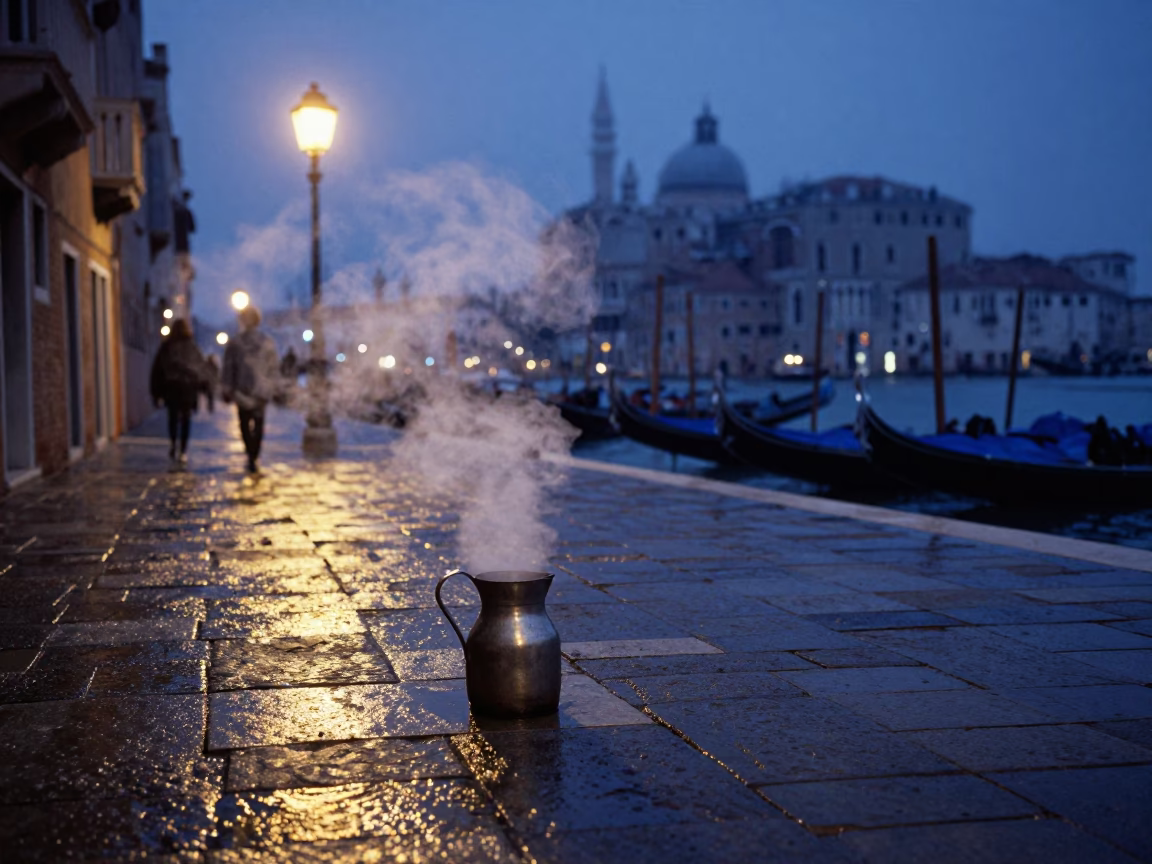Blue Hour Venice Street Scene with Steam Haze and Waterfront Activity in in Venice, Italy
