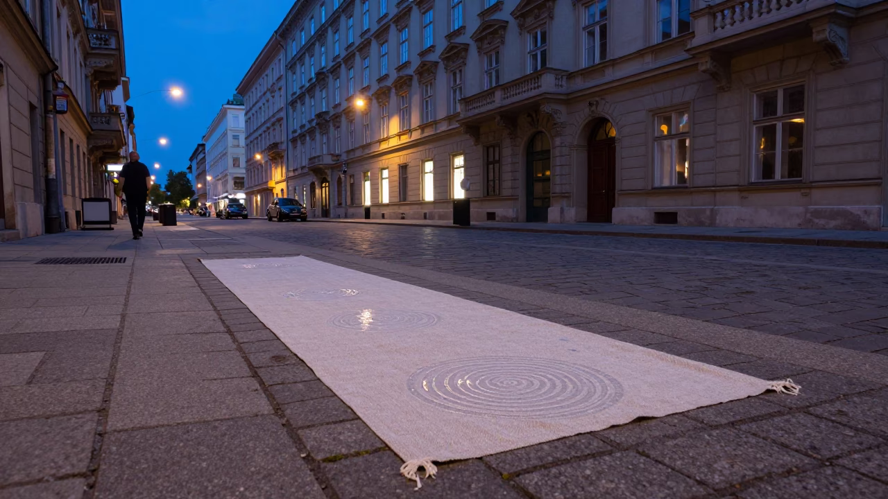 Blue Hour Vienna Austria Street Scene with Linen Runner and Water Rings in in Vienna, Austria