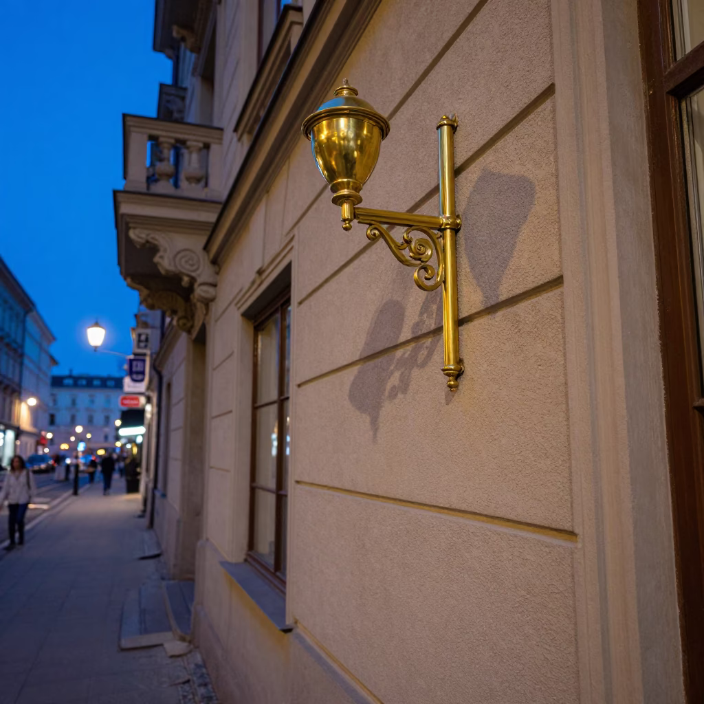 Blue Hour Vienna Street Scene with Brass Fixtures and Vintage Details in in Vienna, Austria