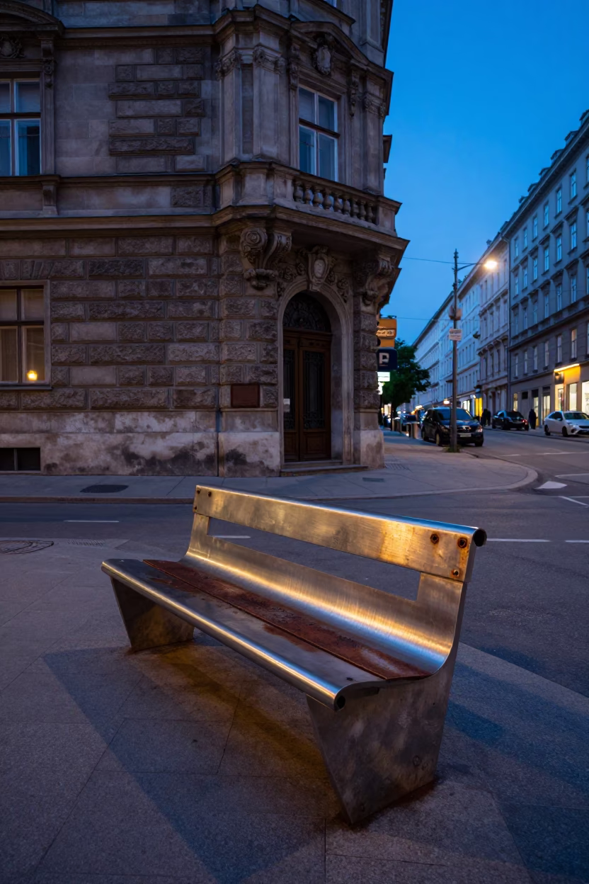 Blue Hour Vienna Street Scene with Brushed Steel Bench and Rusty Hardware in in Vienna, Austria