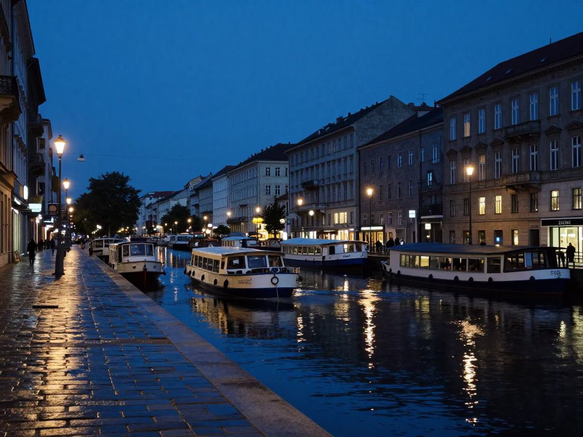Blue Hour Vienna Street Scene with Canal Reflections and Urban Life in in Vienna, Austria