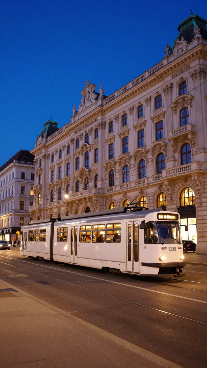 Blue Hour Vienna Street Scene with Classic Trams and Historic Architecture in in Vienna, Austria