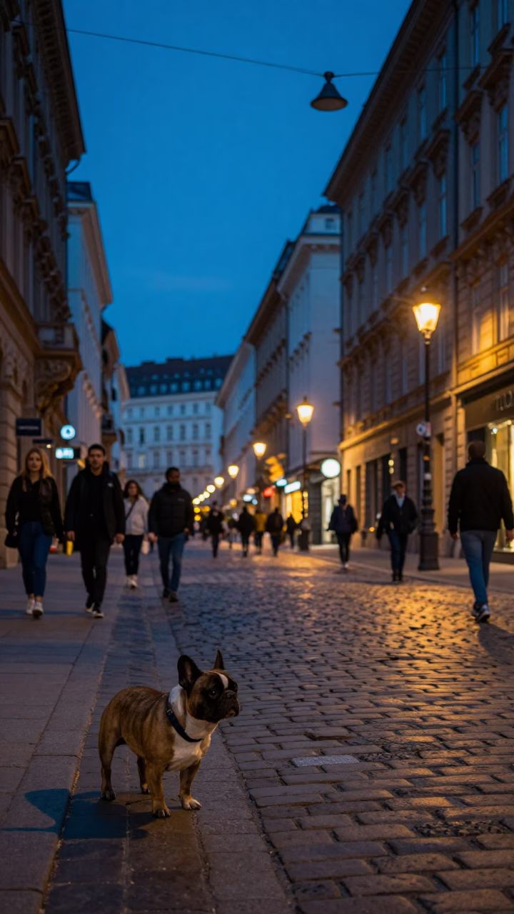 Blue Hour Vienna Street Scene with French Bulldog and Urban Lights in in Vienna, Austria