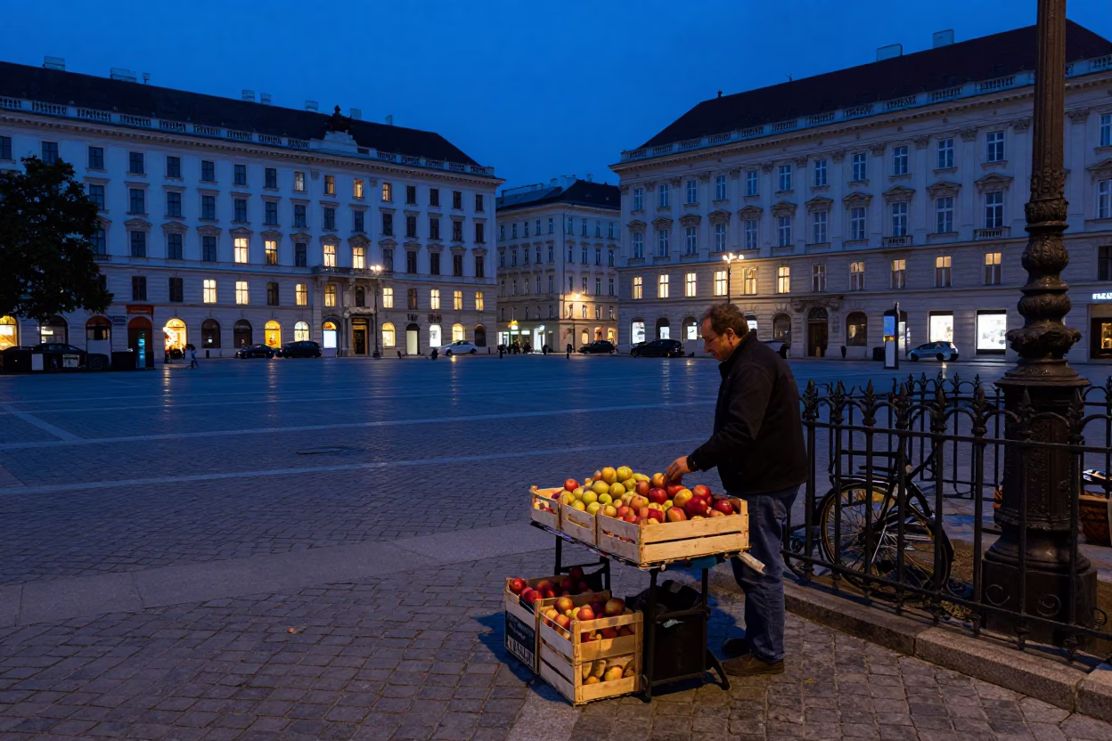 Blue Hour Vienna Street Scene with Fruit Vendor and Evening Ambiance in in Vienna, Austria