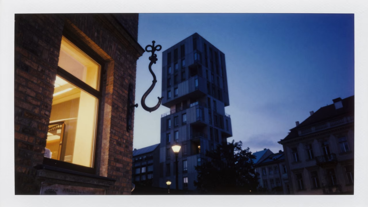 Blue Hour Vienna Street Scene with Iron Hook and Brutalist Tower in in Vienna, Austria