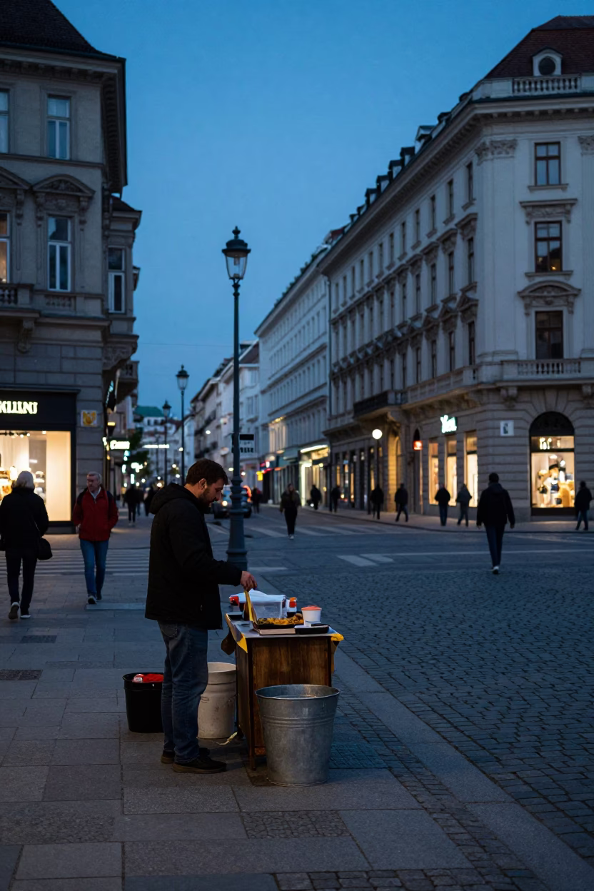 Blue Hour Vienna Street Scene with Street Vendor and Metal Bucket in in Vienna, Austria