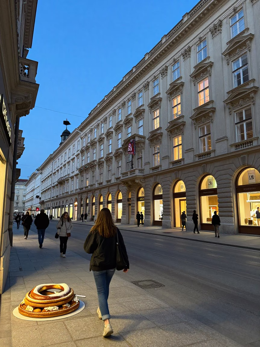 Blue Hour Vienna Street Scene with Strudel and Local Architecture in in Vienna, Austria