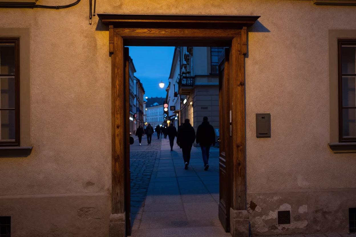 Blue Hour Vienna Street Scene with Traditional Doorframe and Evening Pedestrians in in Vienna, Austria