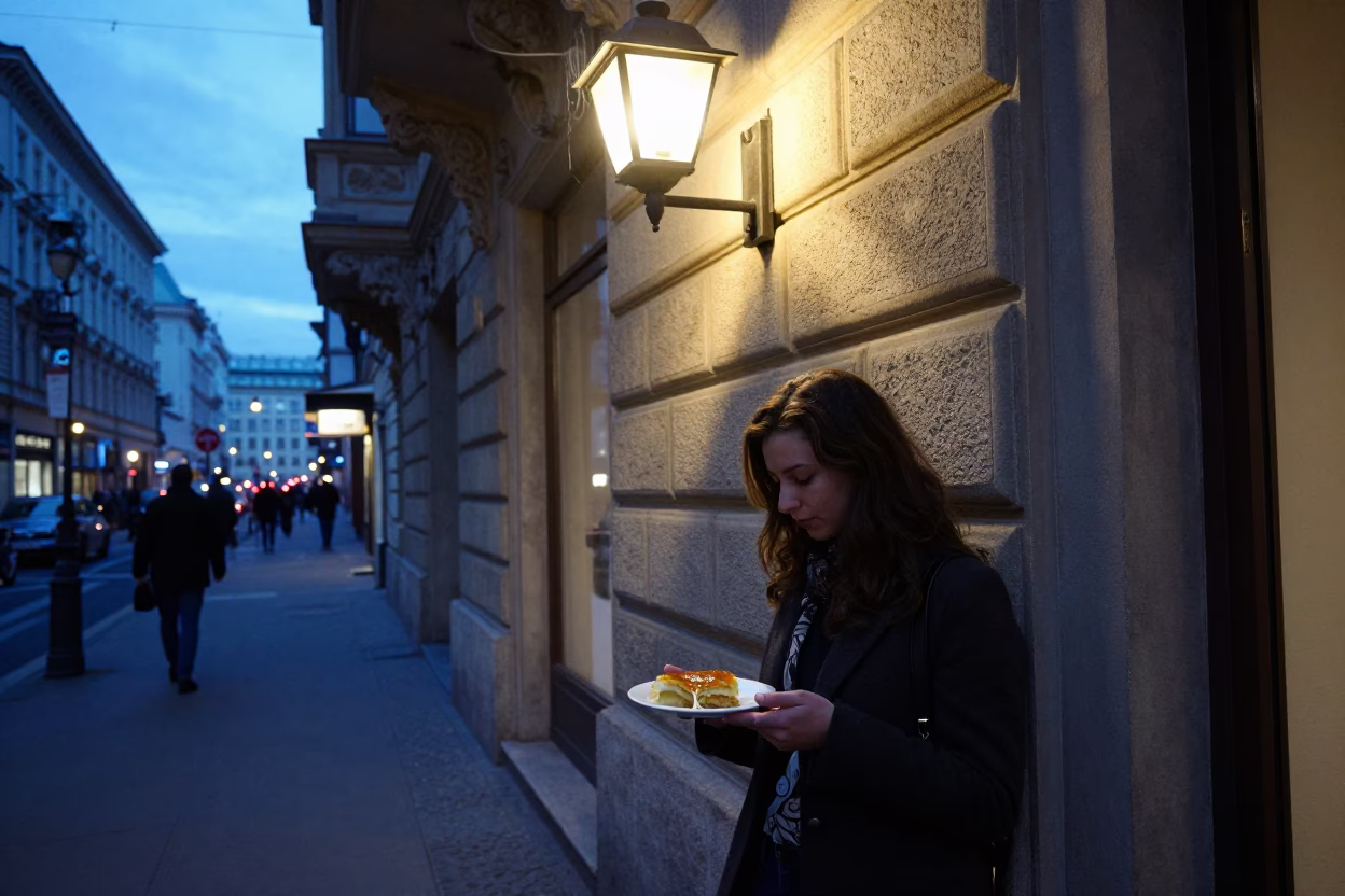 Blue Hour Vienna Street Scene with Wall Sconce and Condensation on Tile in in Vienna, Austria