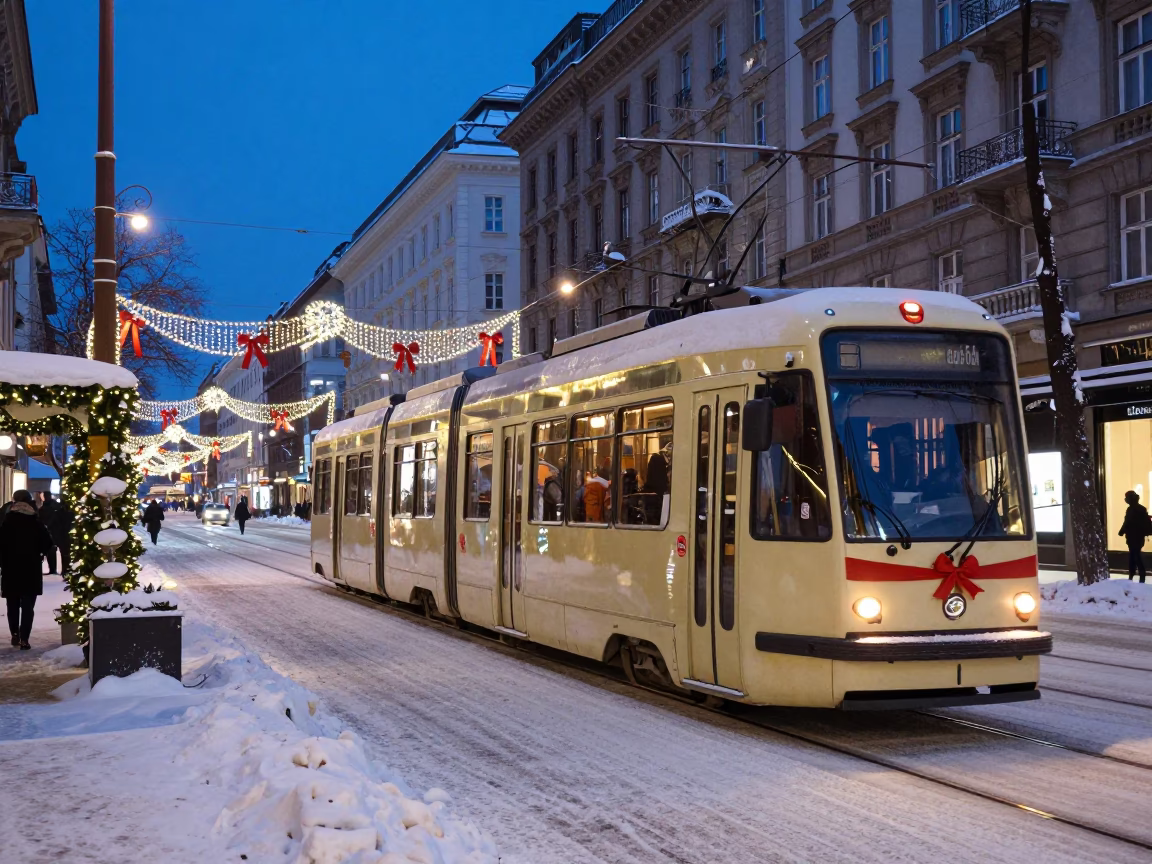 Blue Hour Vienna Tram Christmas Decoration Snowy Avenue Street Photography in in Vienna, Austria
