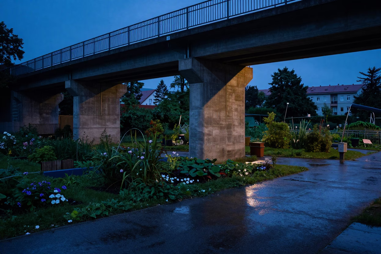 Blue Hour Vienna Viaduct Shadow Over Allotment Gardens After Rain in in Vienna, Austria