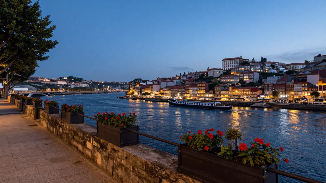 Blue Hour View of Porto Portugal Riverfront with Window Boxes and Canal Barge in in Porto, Portugal