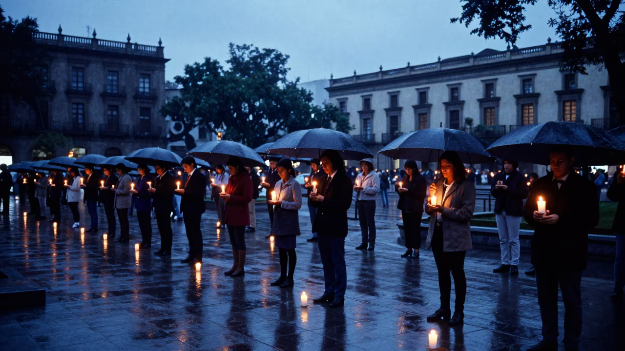 Blue Hour Vigil Near Condesa Plaza in in a public square near Condesa, Mexico City