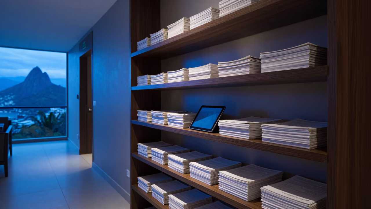 Blue Hour Waiver Shelf Quiet Hotel Corridor Rio in in a quiet guest corridor in Tijuca, Rio de Janeiro