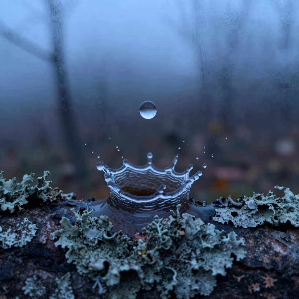 Blue Hour Water Crown on Shillong Lichen Bark in on lichen-covered bark in Shillong