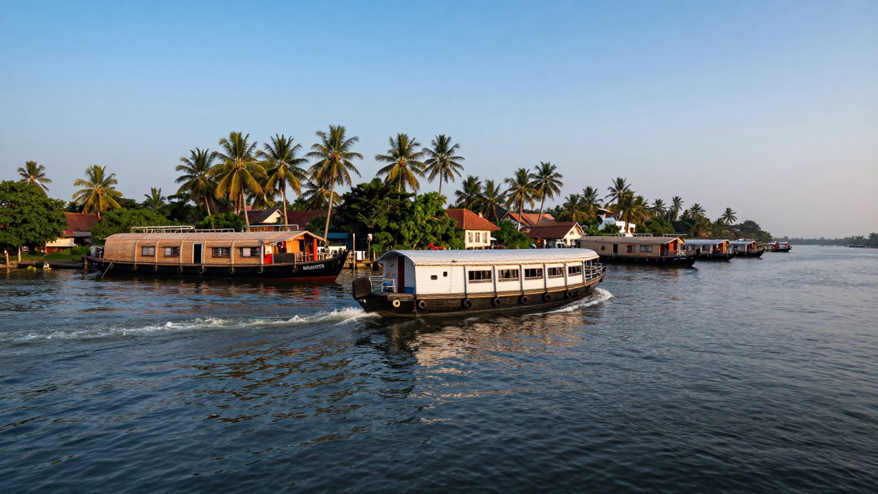 Blue Hour Water Taxi Navigating Kochi Canal Houseboats with Palm Trees in in Kochi, India