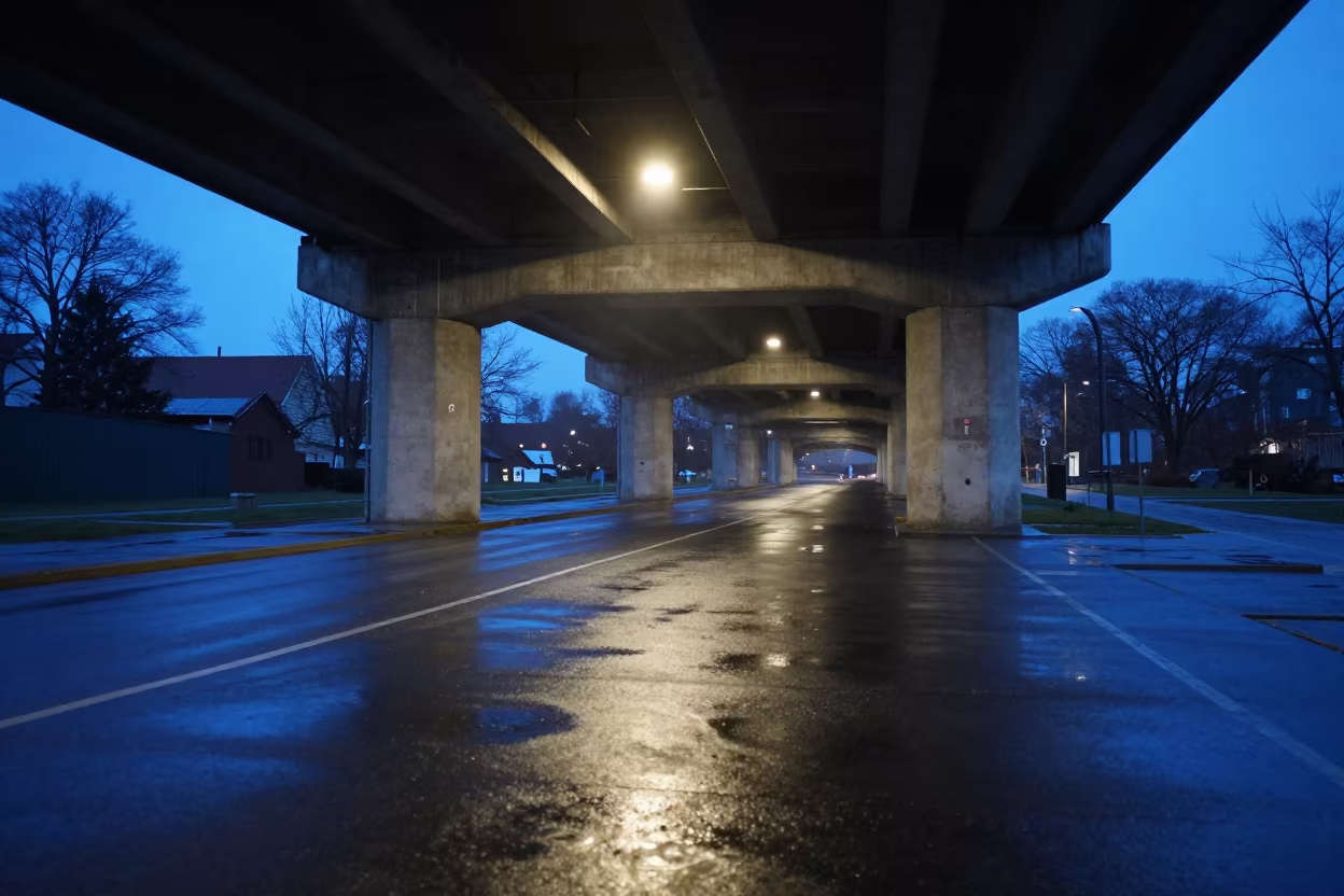 Blue Hour Wet Pavement Under Concrete Overpass in beneath a flickering underpass light in Concordia