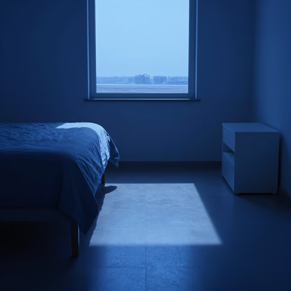 Blue Hour Window Light on Minimalist Floor in on a bedside table in Ajman