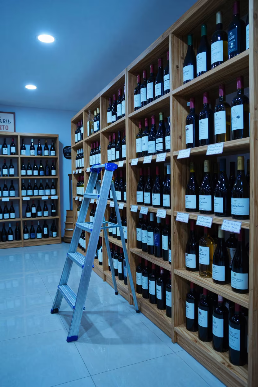 Blue Hour Wine Shop Ladder with Notes in inside a storefront prepared for opening in Ado Ekiti