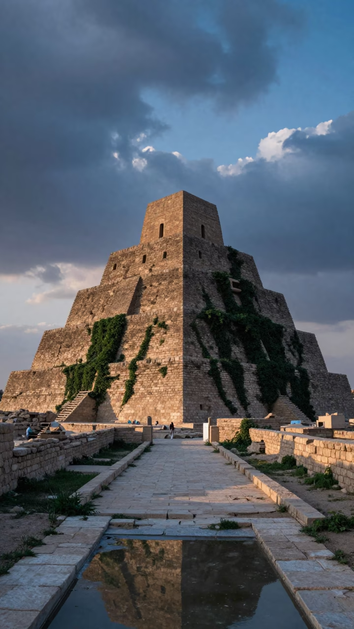 Blue Hour Ziggurat Ruin Near Najaf in beside ivy-draped masonry near Najaf