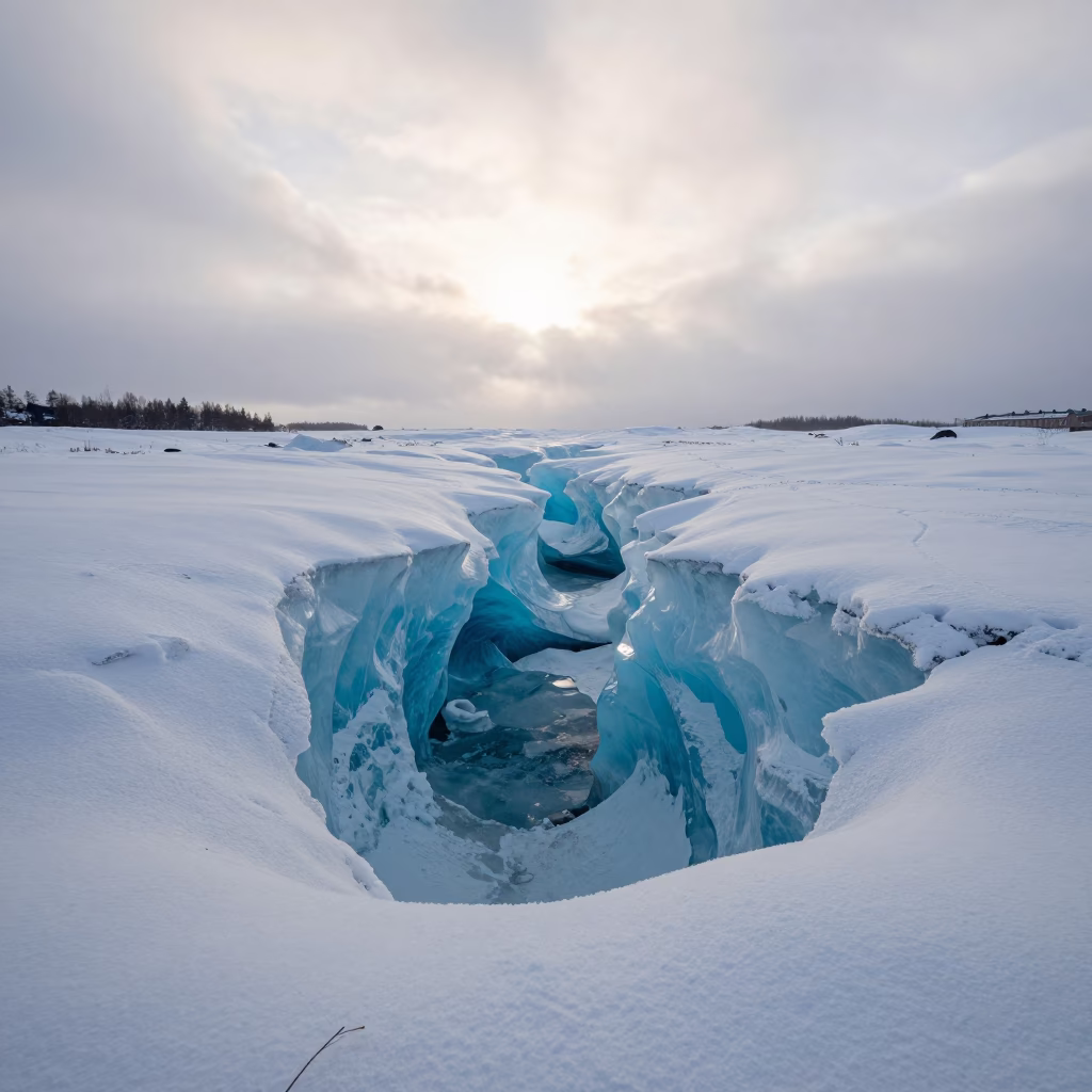 Blue Ice Cave in Stockholm Valley at Dawn in across a wide valley floor near Norrmalm, Stockholm