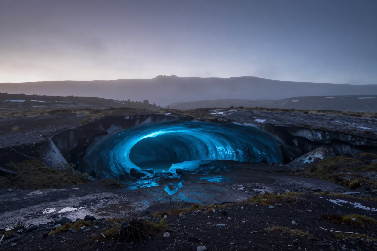 Blue Glowing Ice Cave in Swedish Floodplain Twilight in across a floodplain after rain in Sweden
