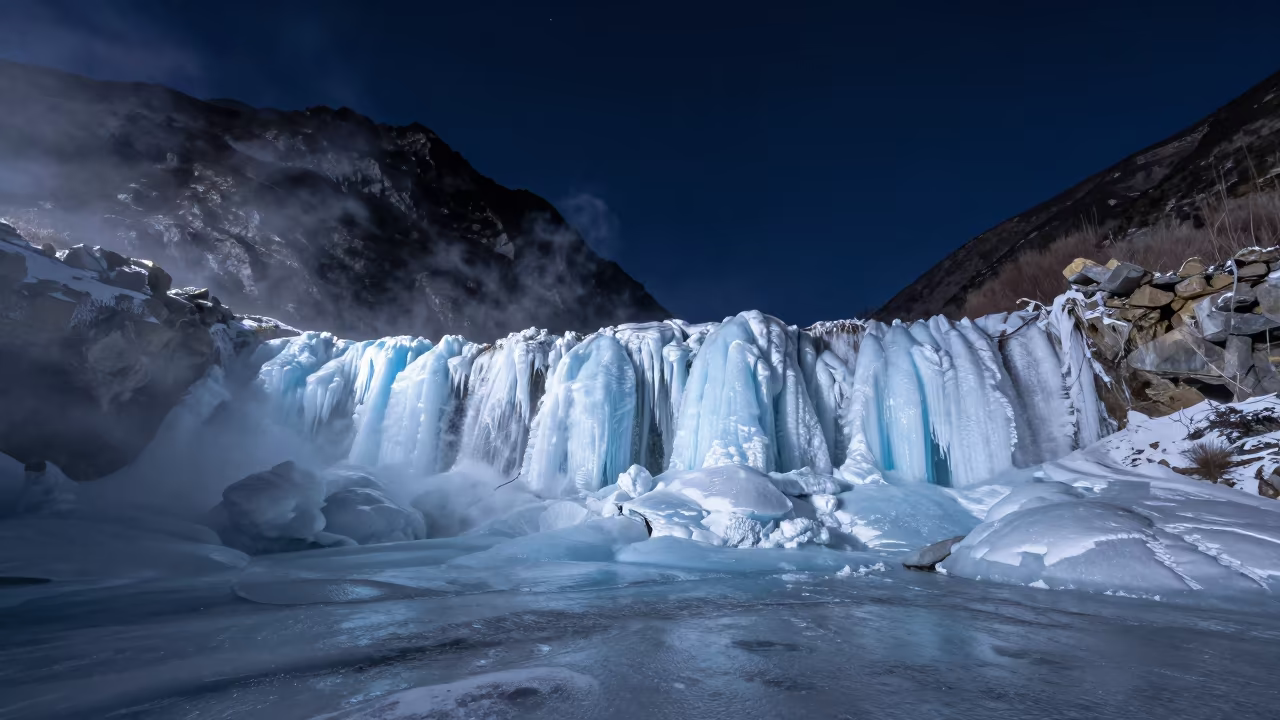 Blue Ice Frozen Waterfall Tibet Night Mist in in Tibet