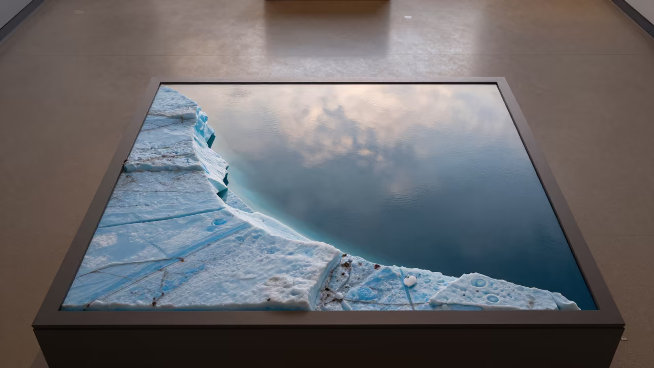 Blue Ice Shelf Edge on Museum Plinth in on a museum plinth in Fairbanks