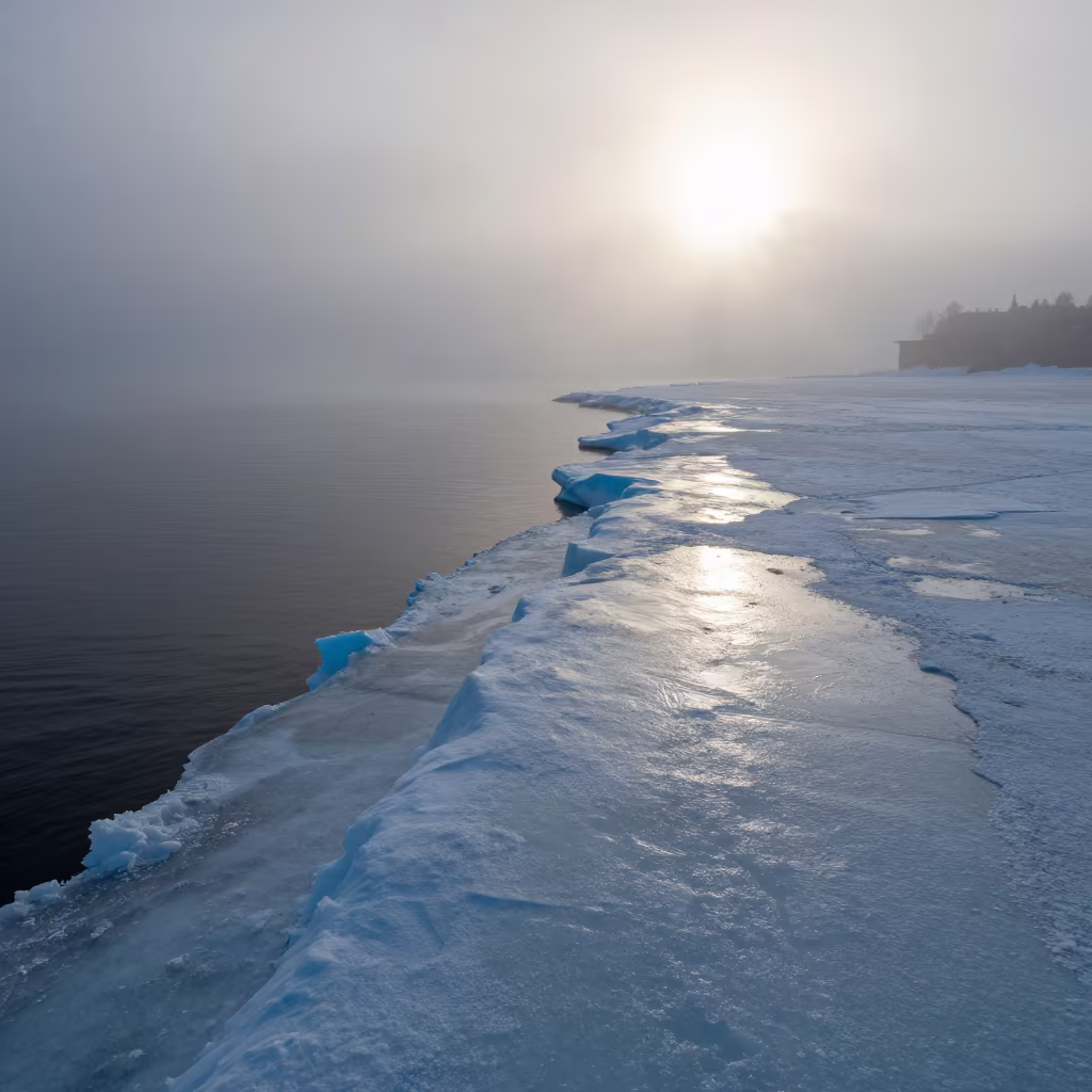 Blue Ice Shelf Edge in Stockholm Winter Mist in near Norrmalm, Stockholm