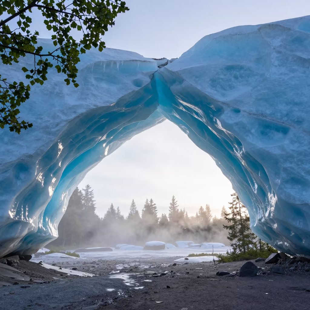 Blue Iceberg Arch in Misty Arctic Summer Valley in across a wide valley floor near Kallio, Helsinki