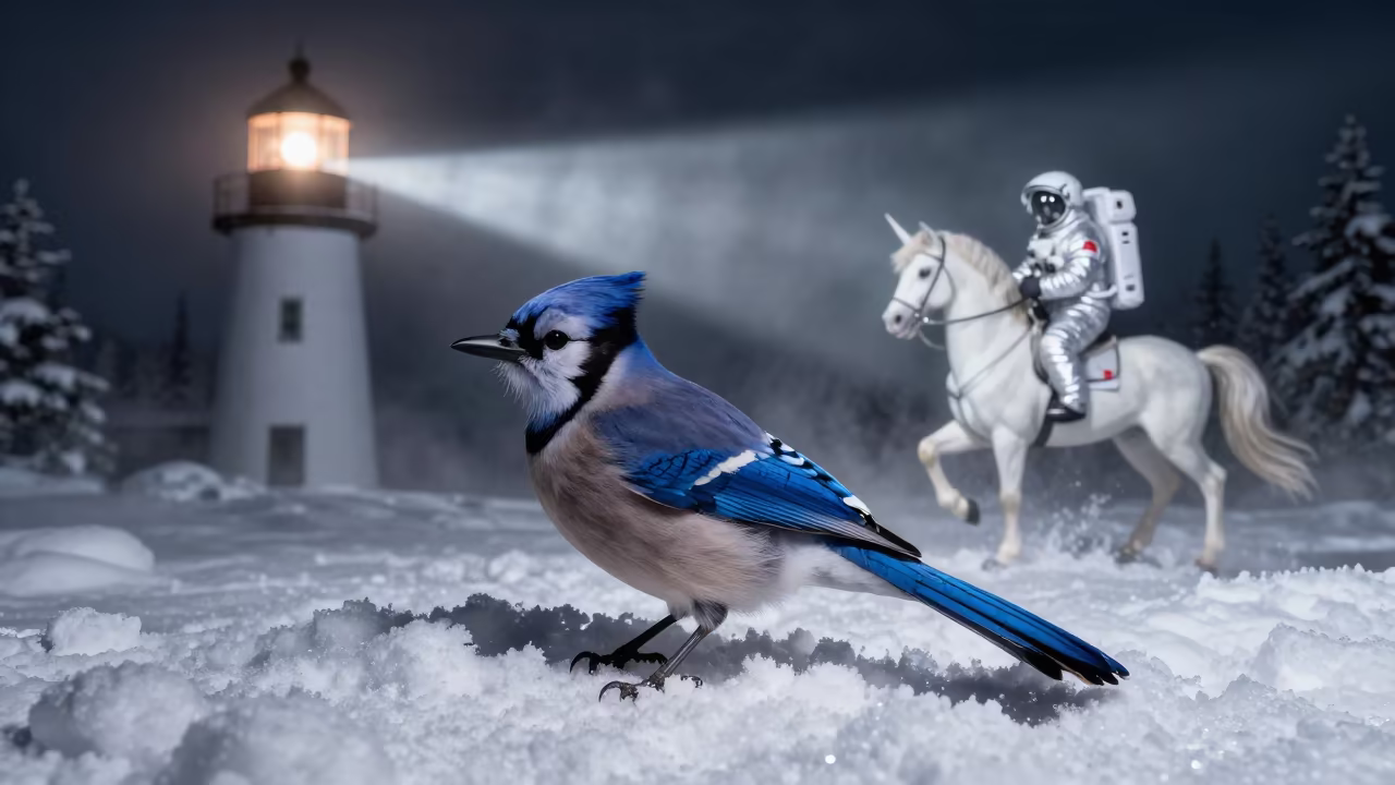 Blue Jay and Astronaut in Yukon Snow Night in in Yukon