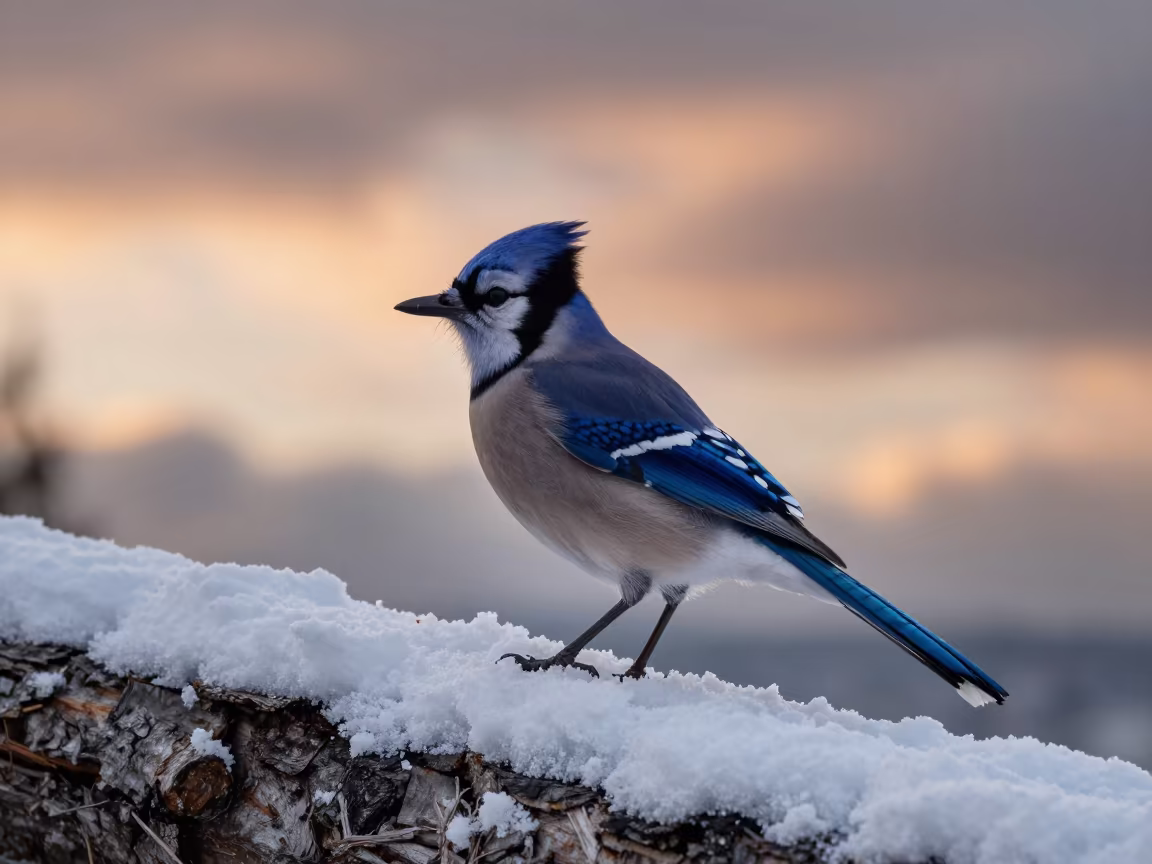 Blue Jay Perched in Snow on Vancouver Ridge in on a wind-scoured ridge near Gastown, Vancouver