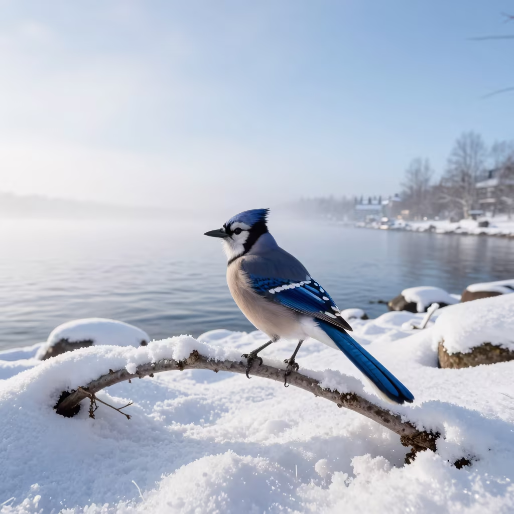 Blue Jay in Snow Beside Tidal Inlet in beside a tidal inlet near Helsinki