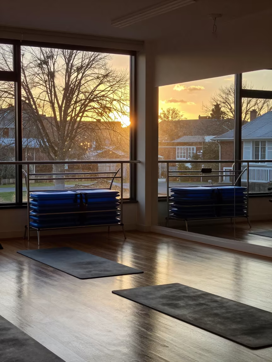 Blue Kickboard Drying in Winter Yoga Studio Light in inside a yoga studio before the session begins in Christchurch