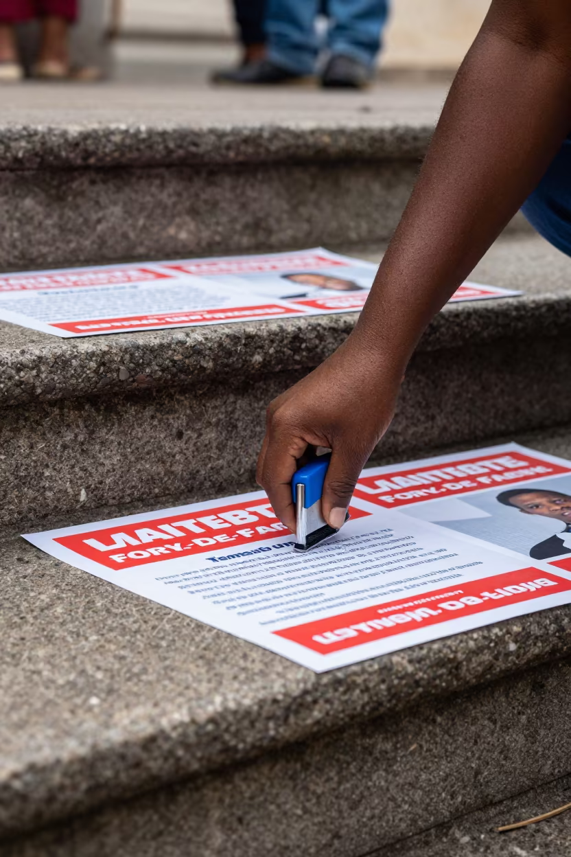 Blue Knuckles Stapling Posters Fort-de-France Steps in on the steps of city hall in Fort-de-France