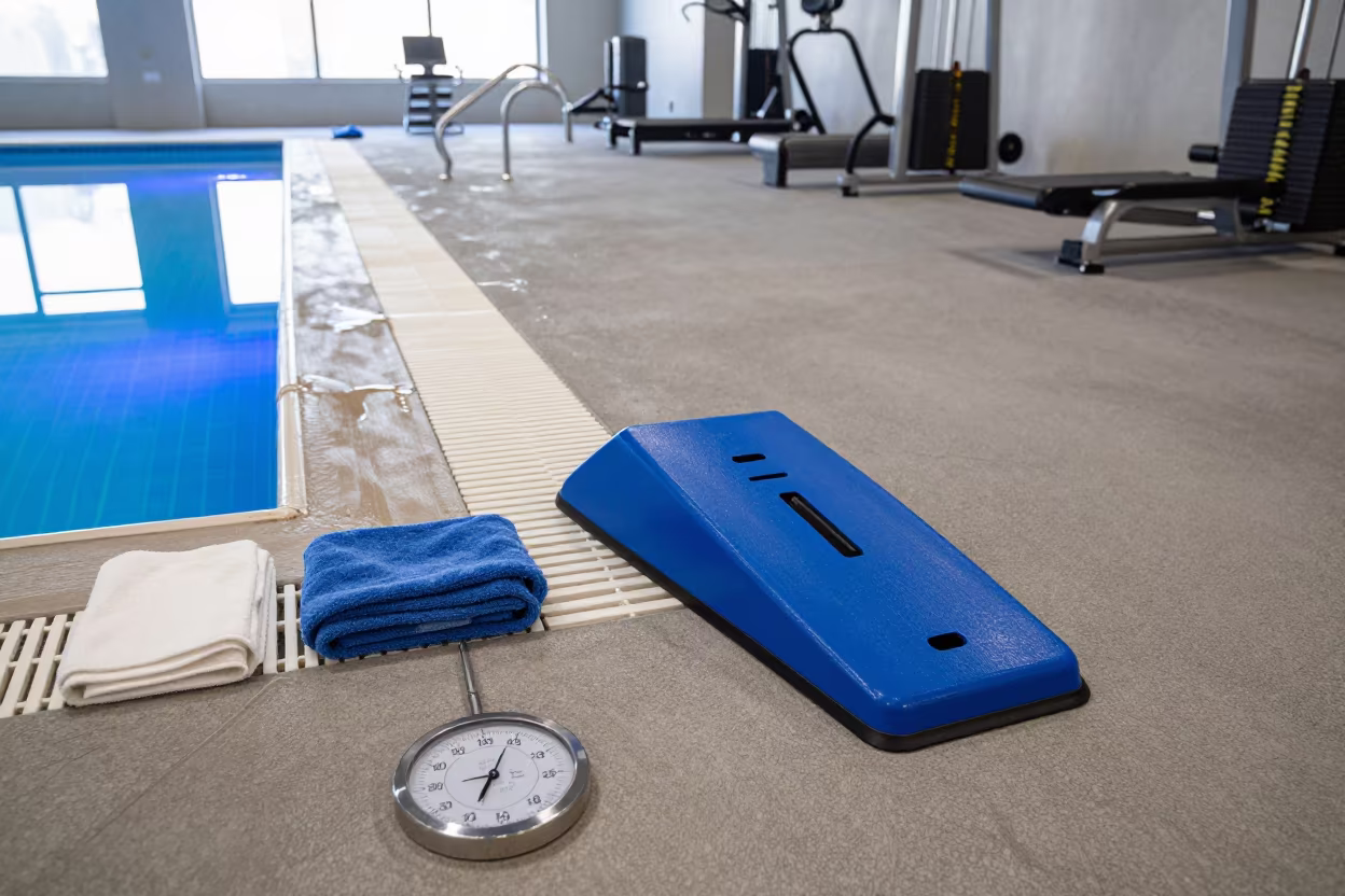 Blue LED Lap Pool Deck After Class in on an indoor lap-pool deck before open swim in Changchun