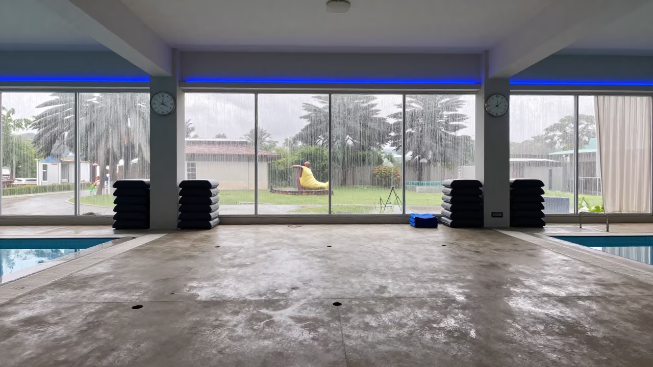 Blue LED Lap Pool Deck in Bujumbura Midday in inside a cardio floor facing tall windows in Bujumbura